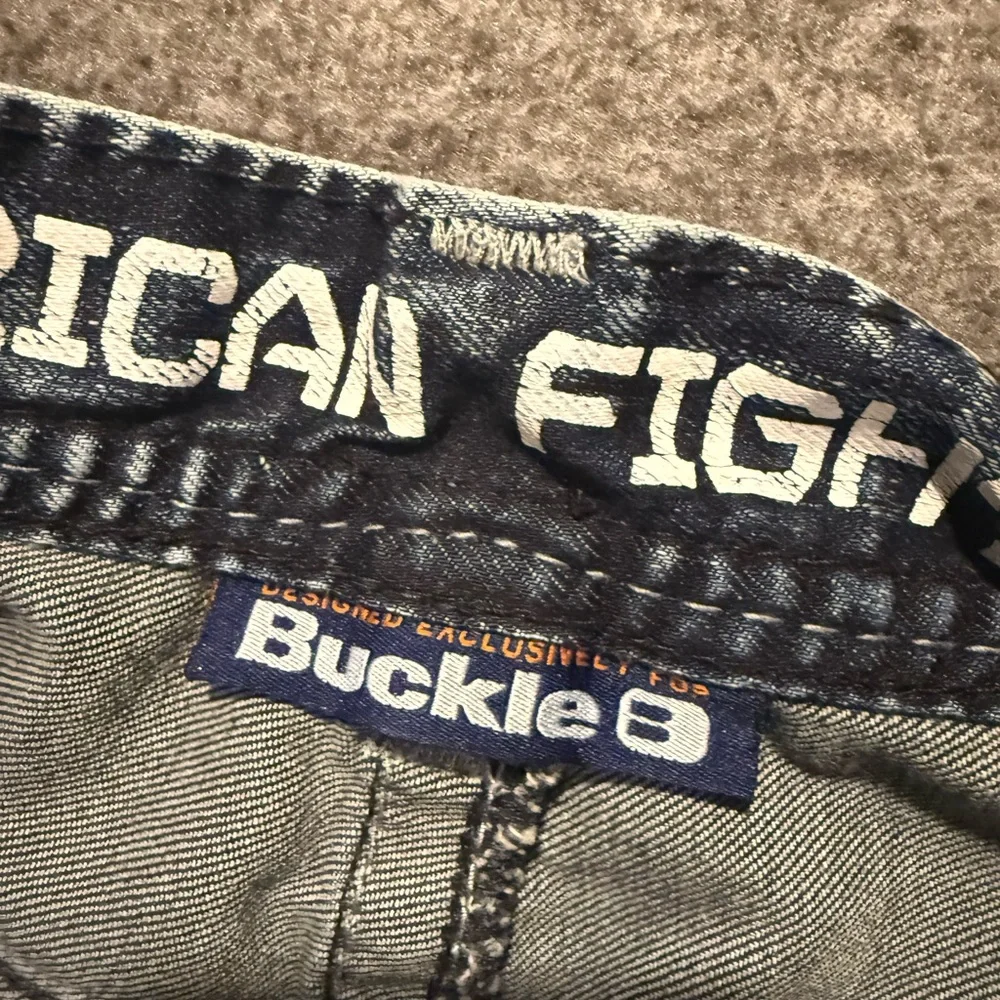 American Fighter Buckle Jeans Men 32 Long (32x34) blue Legend Slim Straight Acid
